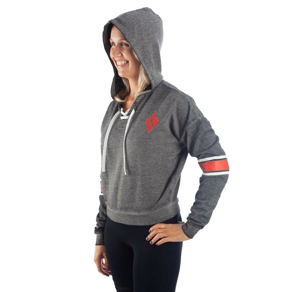DC Comics Harley Quinn Hoodie Womens XL Gray Suicide Squad Lace Up Sweatshirt